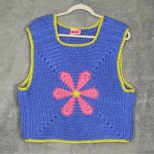 Realm Crochet Flower Vest Blue Pink Green Handmade Knit Y2K Boho Retro Top M/L